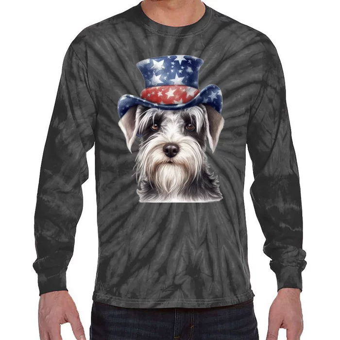 Schnauzer Dog Puppy USA Flag Cute Schnauzer Puppy Tie-Dye Long Sleeve Shirt