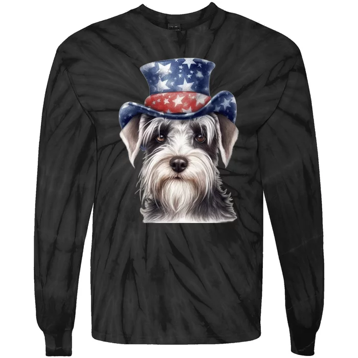 Schnauzer Dog Puppy USA Flag Cute Schnauzer Puppy Tie-Dye Long Sleeve Shirt