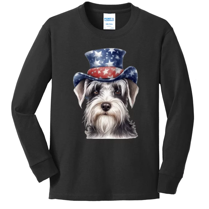 Schnauzer Dog Puppy USA Flag Cute Schnauzer Puppy Kids Long Sleeve Shirt