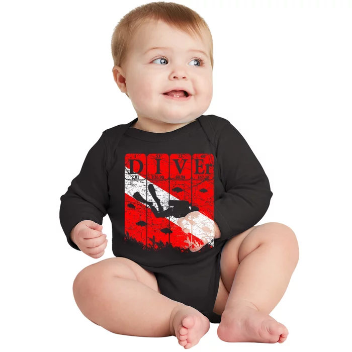 Scuba Diver Periodic Table Elements Scuba Diving Flag Retro Baby Long Sleeve Bodysuit