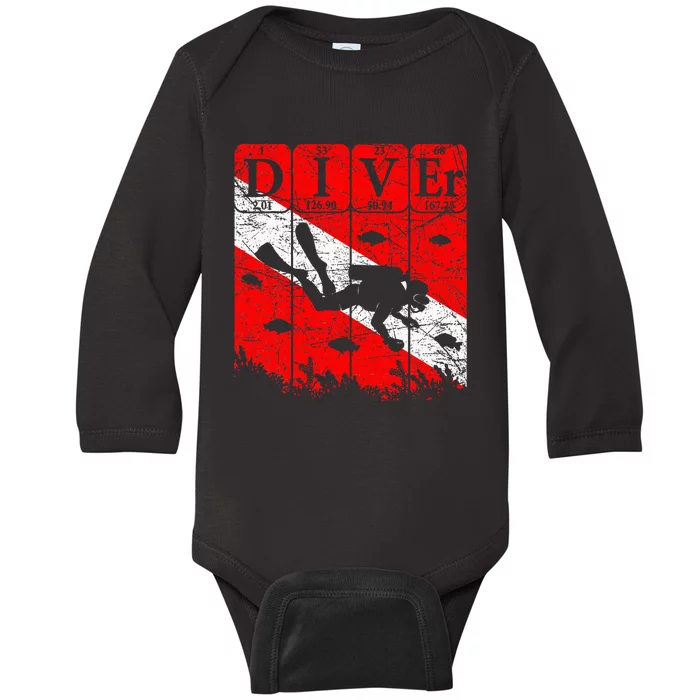 Scuba Diver Periodic Table Elements Scuba Diving Flag Retro Baby Long Sleeve Bodysuit