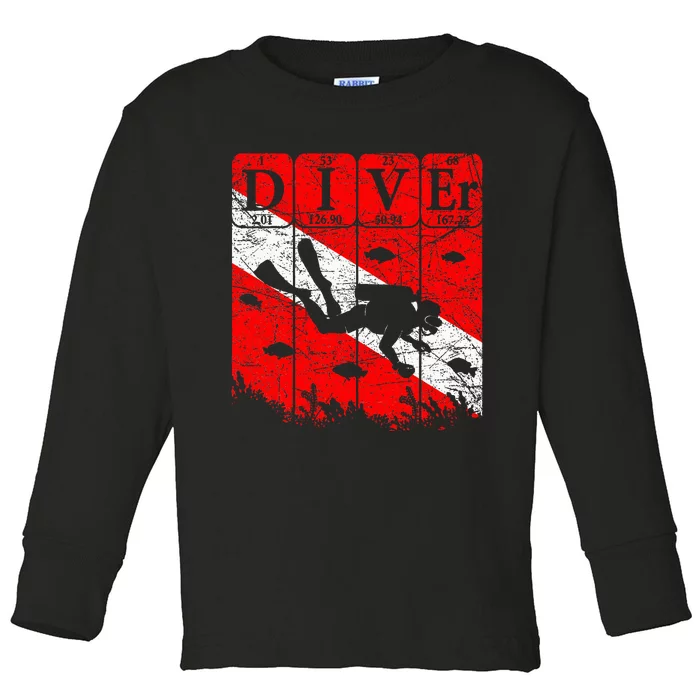 Scuba Diver Periodic Table Elements Scuba Diving Flag Retro Toddler Long Sleeve Shirt