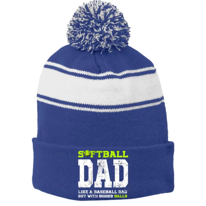 Softball Dad Pitcher Funny Distressed Cute Gift Stripe Pom Pom Beanie