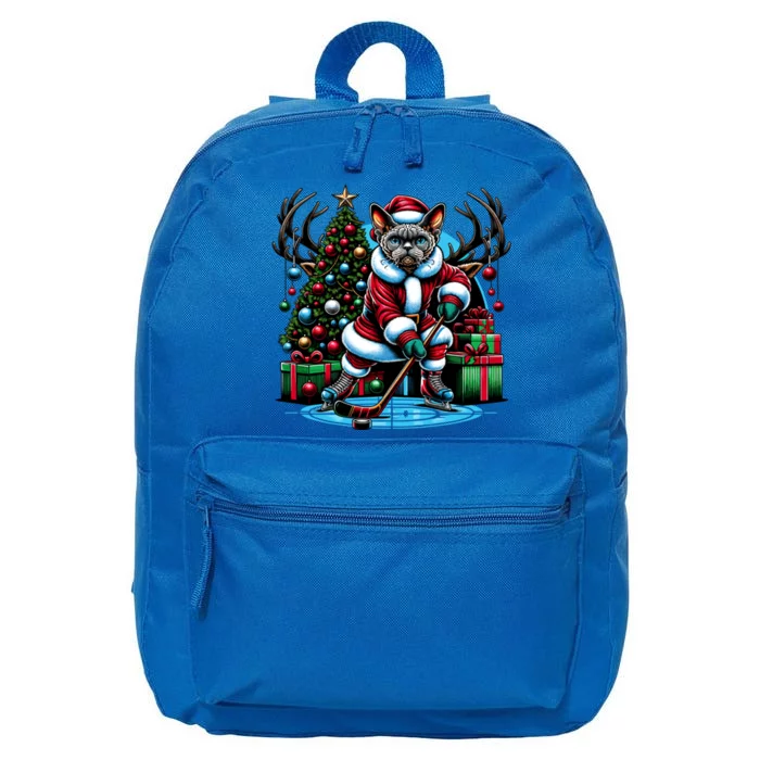 Santa Devon Rex Cat Playing Hockey Gift 16 in Basic Backpack