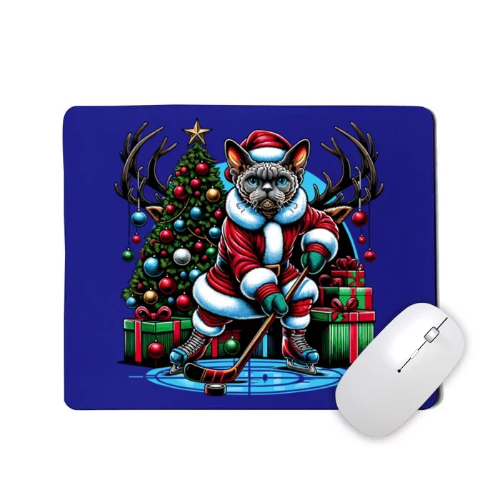 Santa Devon Rex Cat Playing Hockey Gift Mousepad