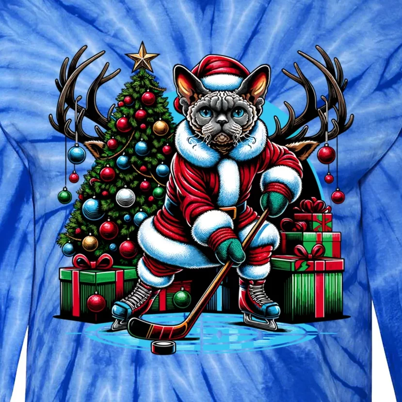 Santa Devon Rex Cat Playing Hockey Gift Tie-Dye Long Sleeve Shirt