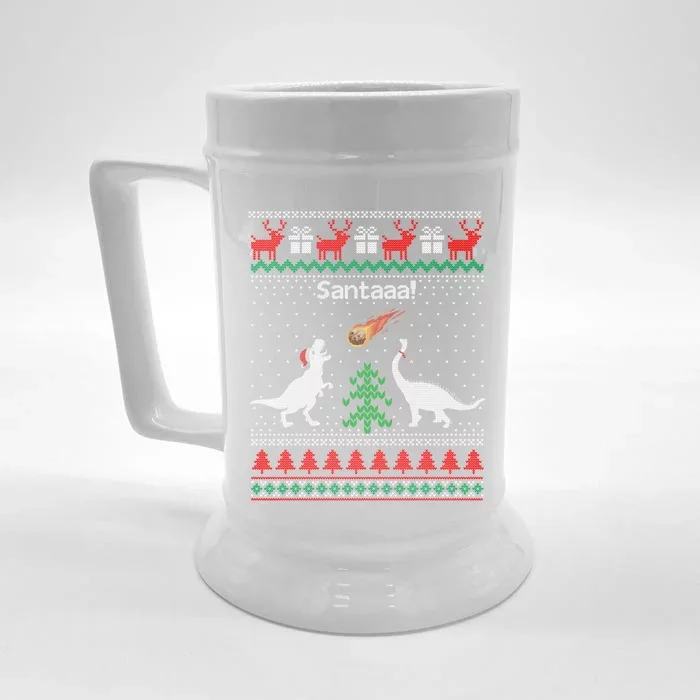 Santa Dinosaur Sweater Ugly Christmas Sweater Dinosaur Gift Front & Back Beer Stein