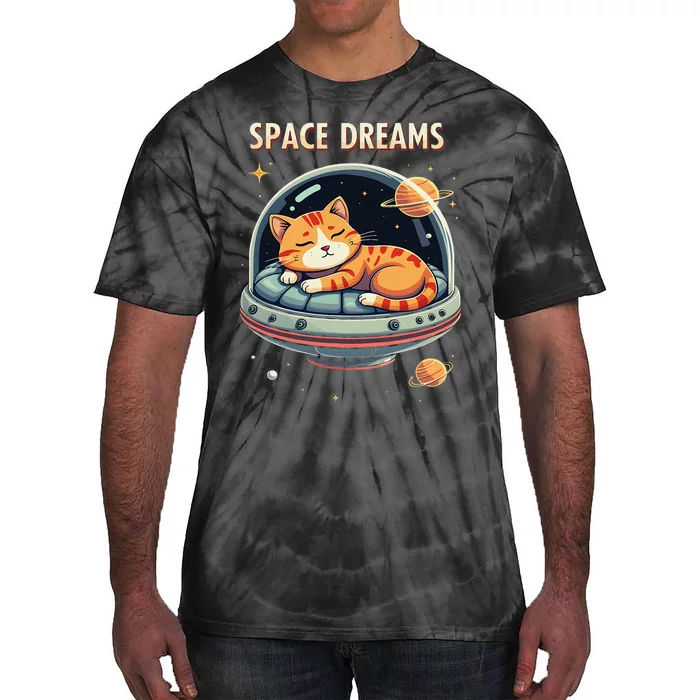 Space Dreams Sleeping Cat Astronaut Tie-Dye T-Shirt