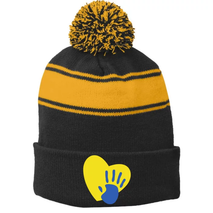 Support Down Syndrome Heart Awareness Stripe Pom Pom Beanie