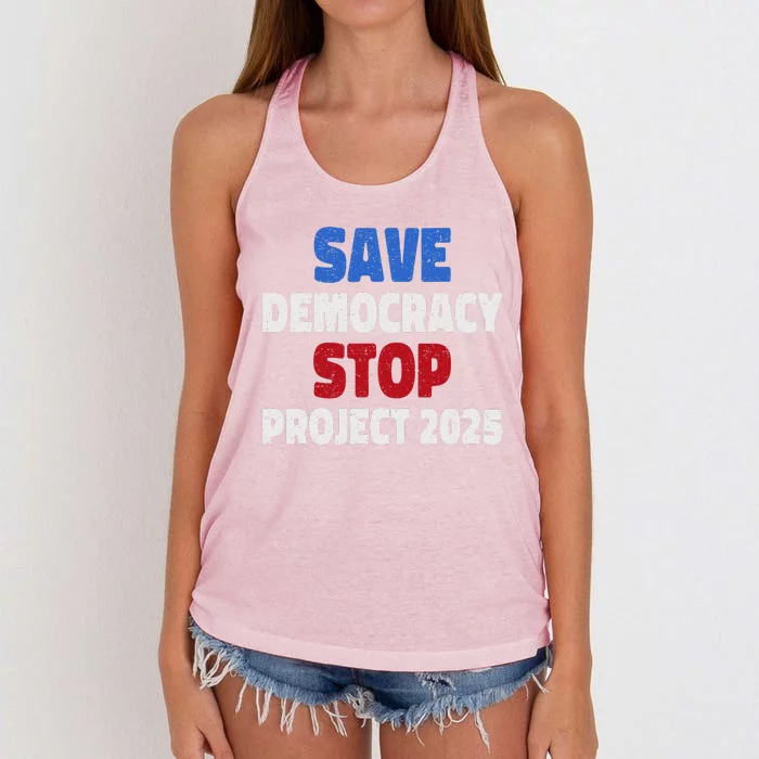 Save Democracy Stop Project 2025 Presidential Election Women's Knotted Racerback Tank