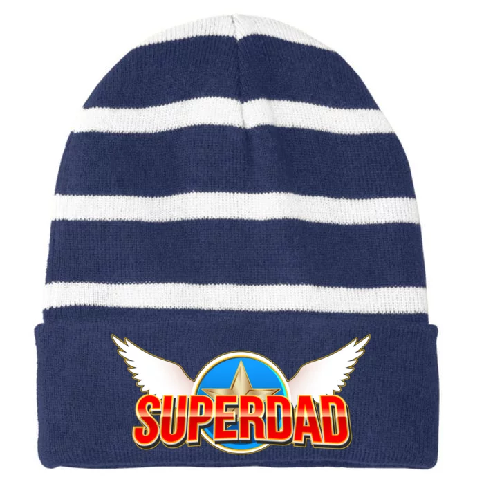 Super Dad Superhero Winged Badge Emblem Striped Beanie with Solid Band