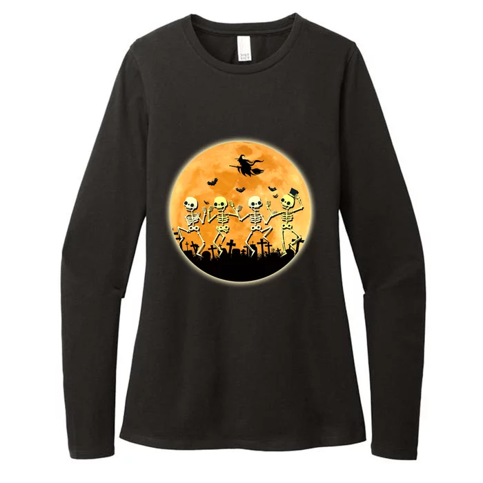 Spooky Dancing Skeleton In A Graveyard Witch Moon Halloween Gift Womens CVC Long Sleeve Shirt