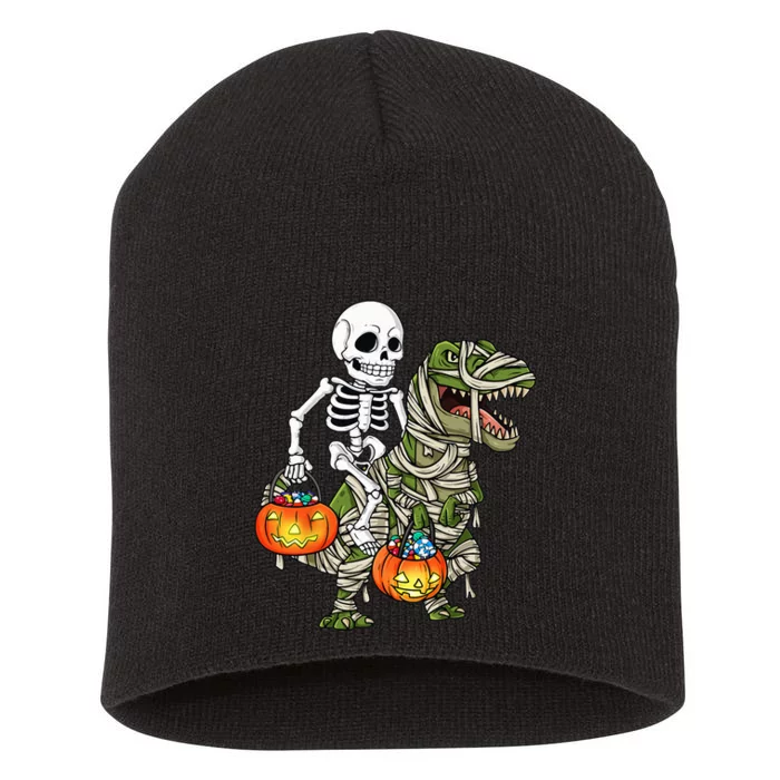 Spooky Dino Skeleton on Mummy Ride with Pumpkin Short Acrylic Beanie