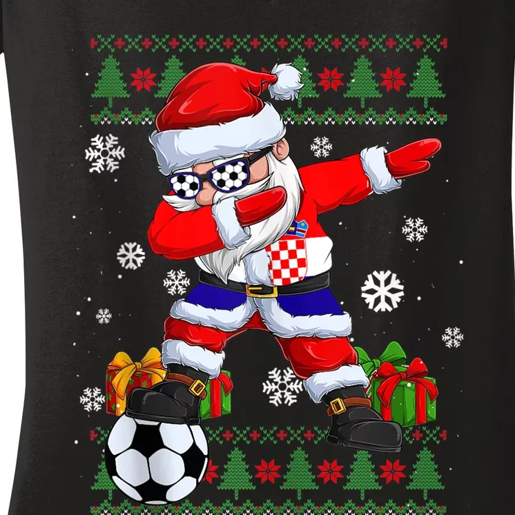 Soccer Dabbing Santa Croatia Flag Ugly Christmas Sweater Tank Top Women's V-Neck T-Shirt