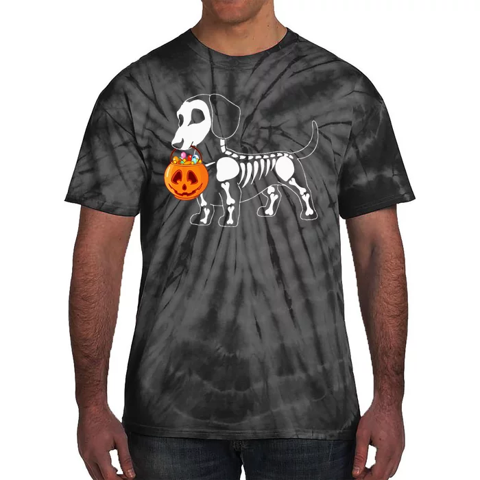 Spooky Dachshund Skeleton Pumpkin Decor Tie-Dye T-Shirt