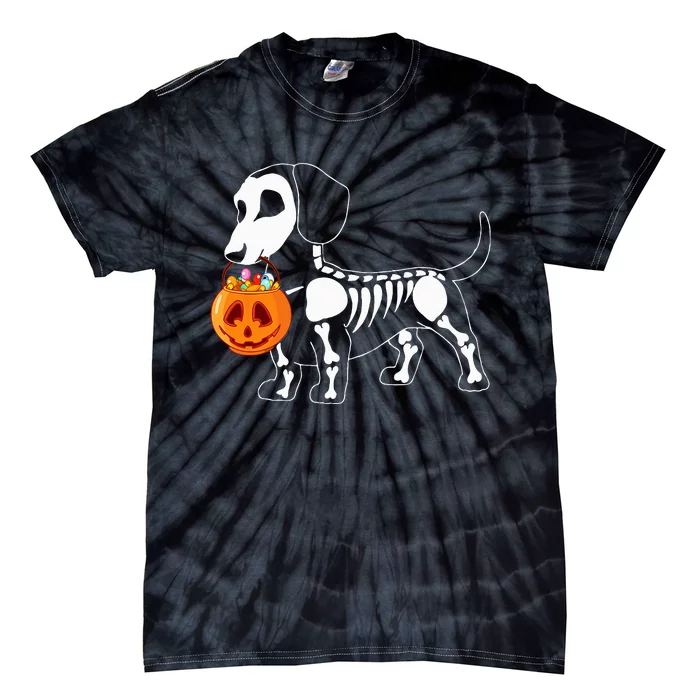 Spooky Dachshund Skeleton Pumpkin Decor Tie-Dye T-Shirt