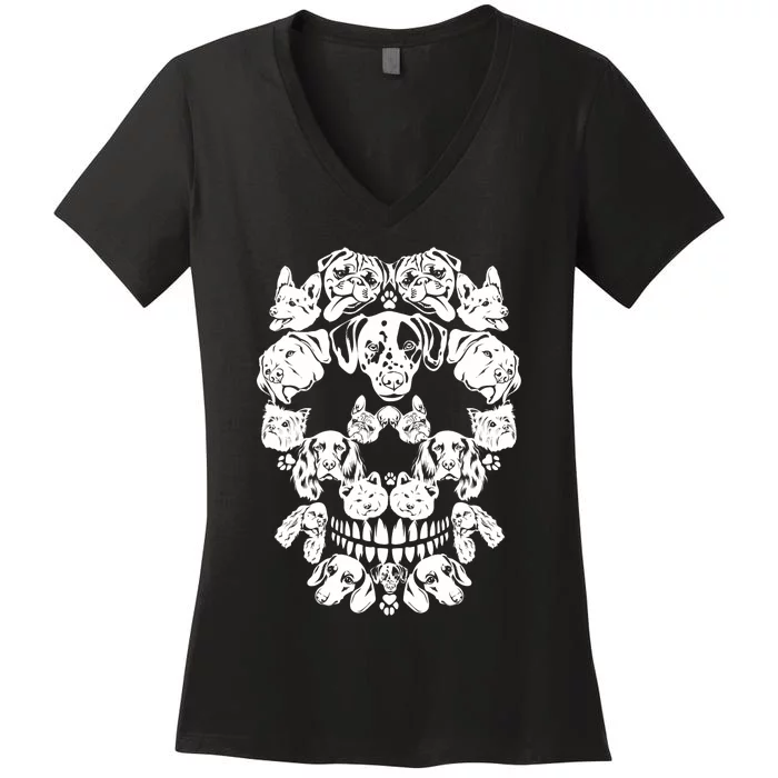 Skull Dog Skeleton Halloween Costume Scary Carnival Women's V-Neck T-Shirt