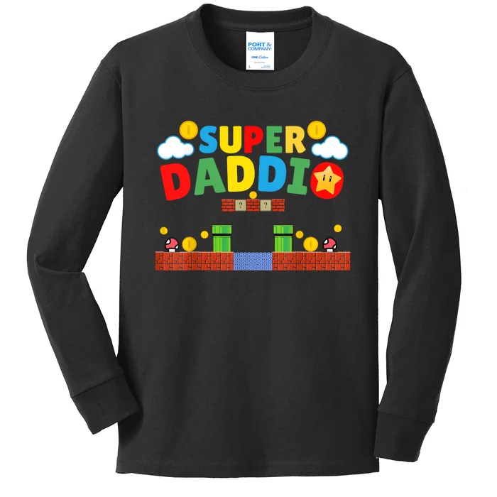 Super Dad Super Daddio Funny Dad Fathers Day Gamer Daddy Kids Long Sleeve Shirt