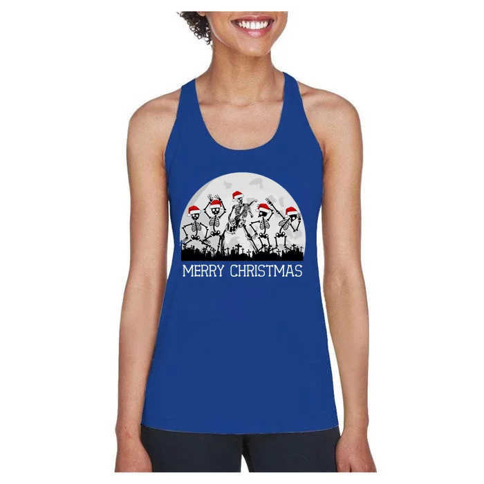 Skeletons Dancing To Rock Guitar In Graveyard Merry Xmas Gift Women's Racerback Tank