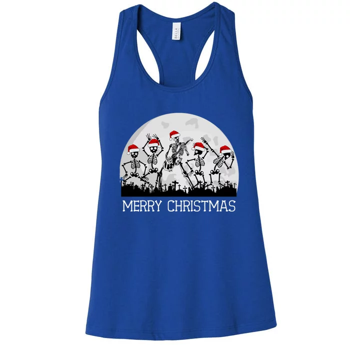 Skeletons Dancing To Rock Guitar In Graveyard Merry Xmas Gift Women's Racerback Tank