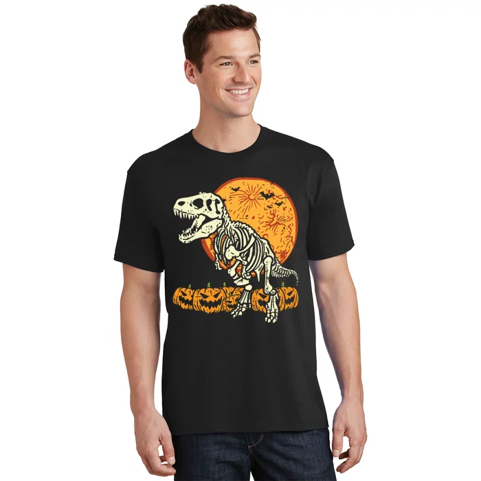 Skeleton Dinosaur Trex Dino Pumpkins Moon Boy Halloween T-Shirt