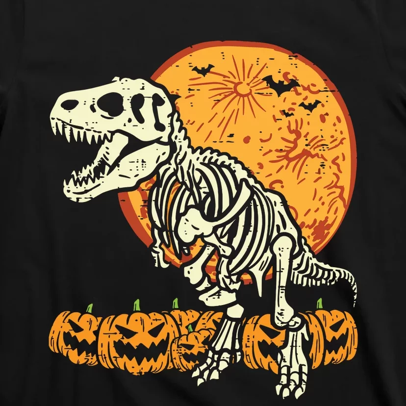 Skeleton Dinosaur Trex Dino Pumpkins Moon Boy Halloween T-Shirt