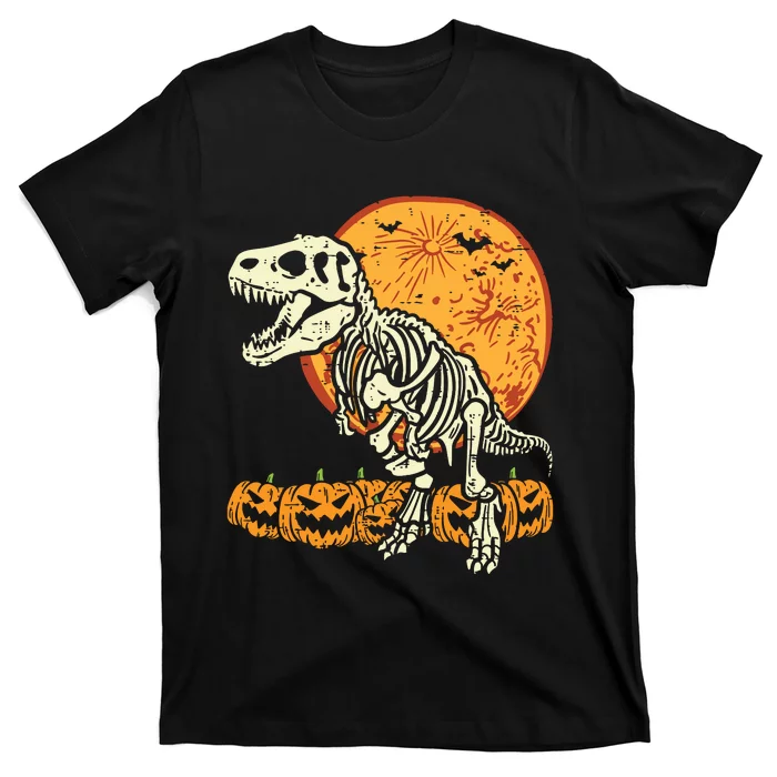 Skeleton Dinosaur Trex Dino Pumpkins Moon Boy Halloween T-Shirt