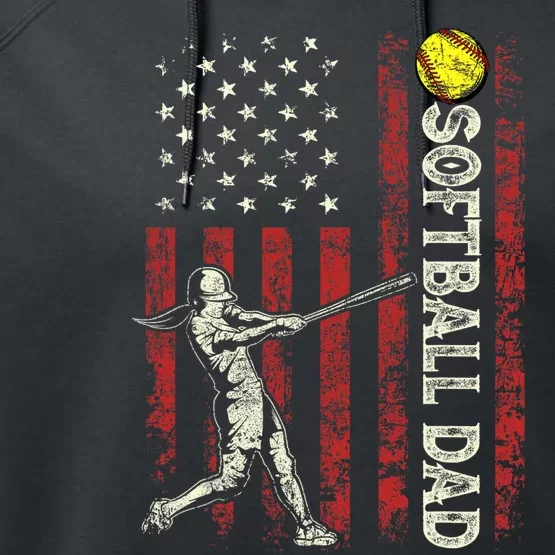 Softball Dad US Flag Gifts For Dad Men Patriotic Fathers Day Performance Fleece Hoodie