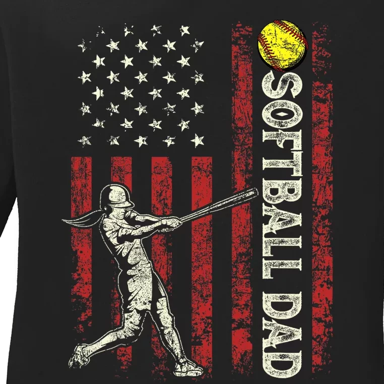 Softball Dad US Flag Gifts For Dad Men Patriotic Fathers Day Ladies Long Sleeve Shirt