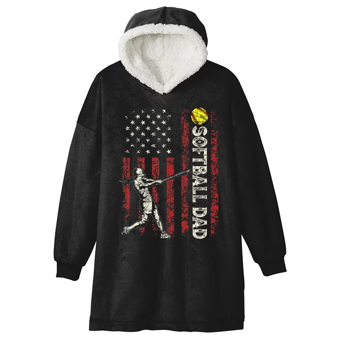 Softball Dad US Flag Gifts For Dad Patriotic Fathers Day Hooded Wearable Blanket