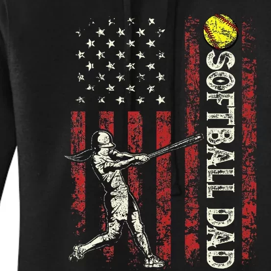 Softball Dad US Flag Gifts For Dad Patriotic Fathers Day Women's Pullover Hoodie