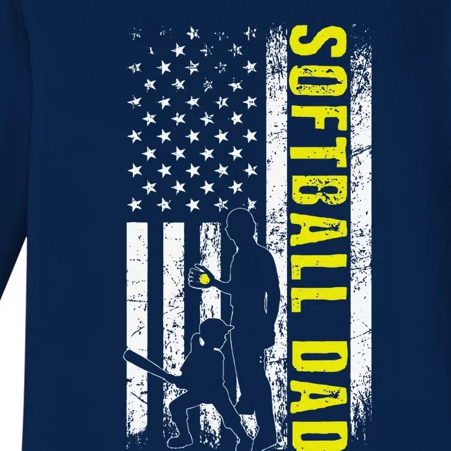 Softball DAD USA Flag Softball Players Dad Fathers Day Baby Long Sleeve Bodysuit