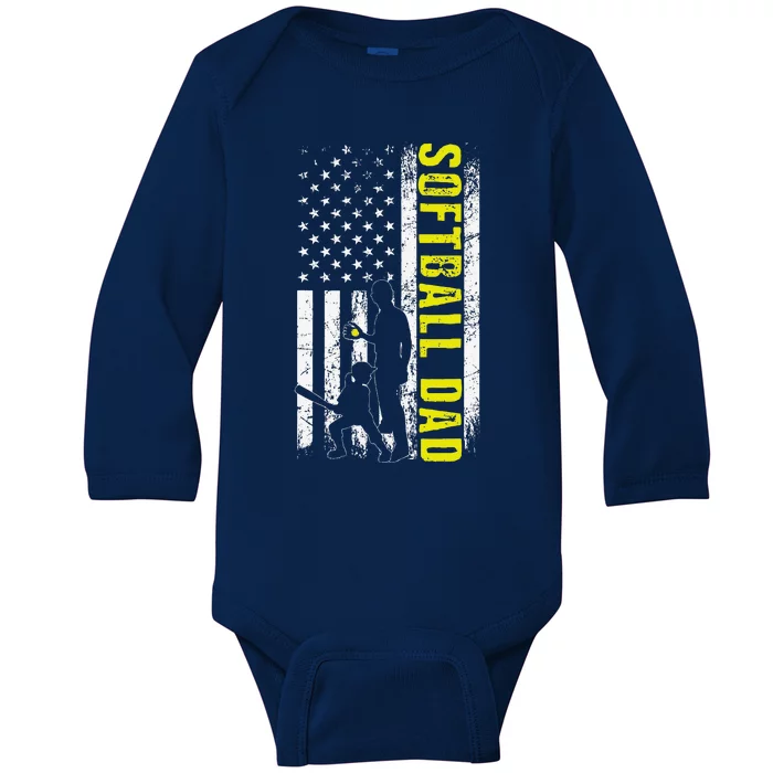 Softball DAD USA Flag Softball Players Dad Fathers Day Baby Long Sleeve Bodysuit