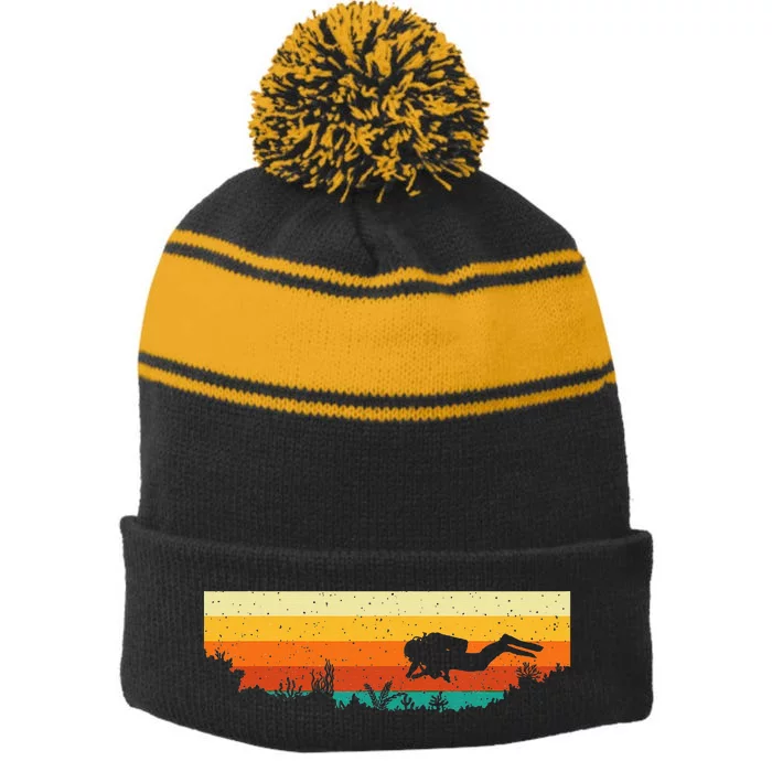 Scuba Diver Underwater Freediving Scuba Diving Stripe Pom Pom Beanie