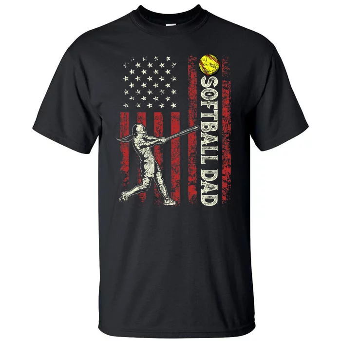 Softball Dad US Flag Gifts For Dad Men Patriotic Fathers Day Tall T-Shirt