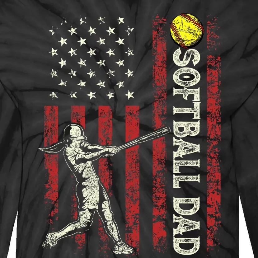 Softball Dad US Flag Gifts For Dad Men Patriotic Fathers Day Tie-Dye Long Sleeve Shirt