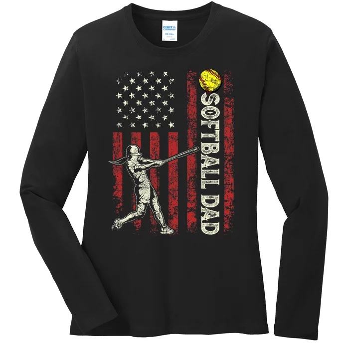 Softball Dad US Flag Gifts For Dad Men Patriotic Fathers Day Ladies Long Sleeve Shirt