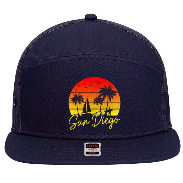 San Diego Vintage Sunset California Sailing Surfer San Diego 7 Panel Mesh Trucker Snapback Hat