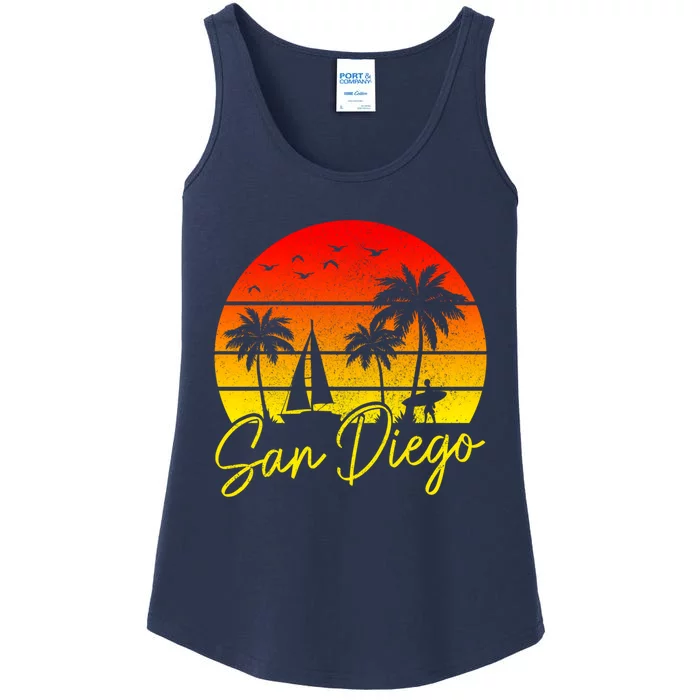 San Diego Vintage Sunset California Sailing Surfer San Diego Ladies Essential Tank