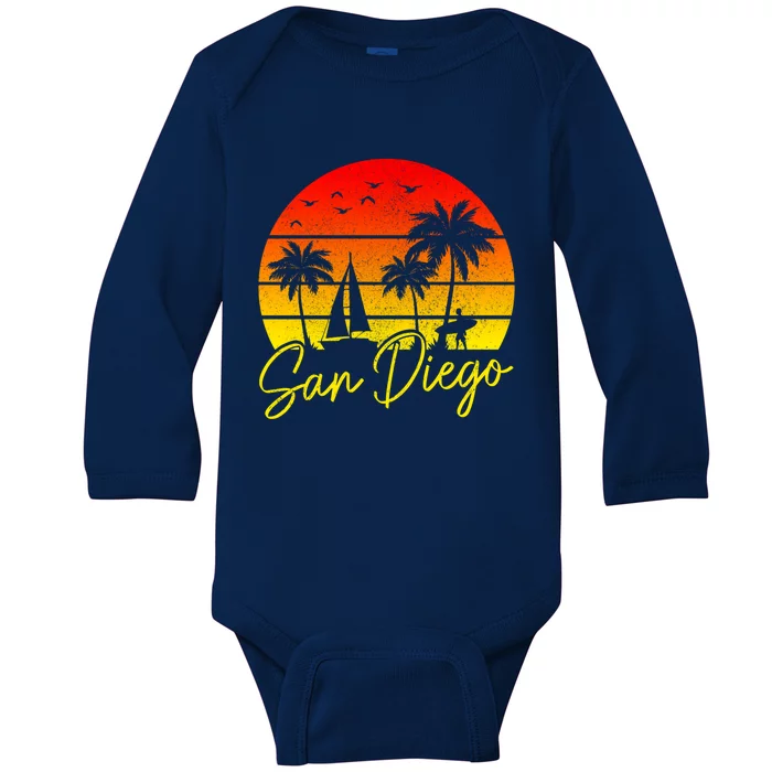 San Diego Vintage Sunset California Sailing Surfer San Diego Baby Long Sleeve Bodysuit