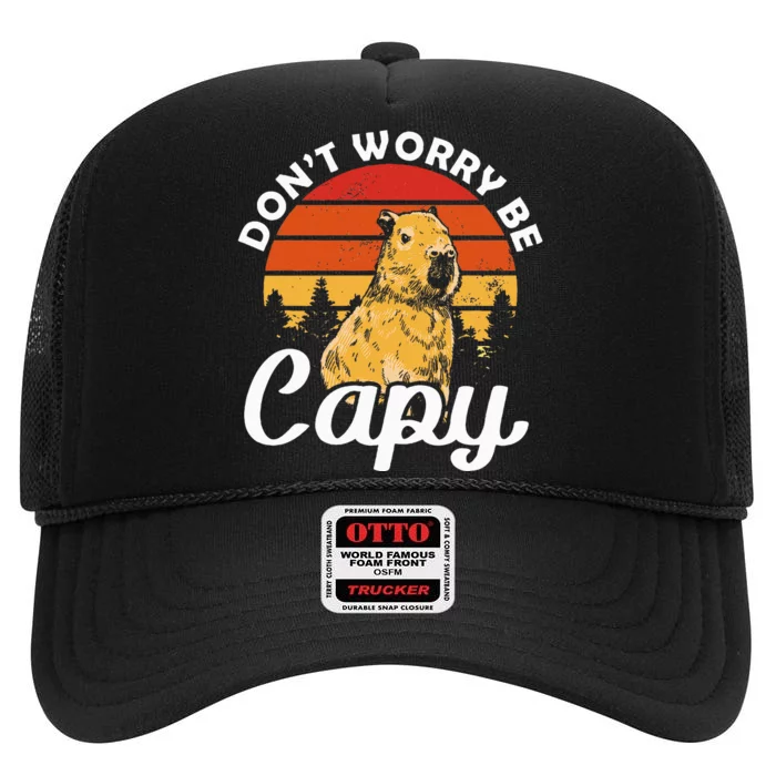 Sunset Dont Worry Be Capy Cute Capybara High Crown Mesh Trucker Hat