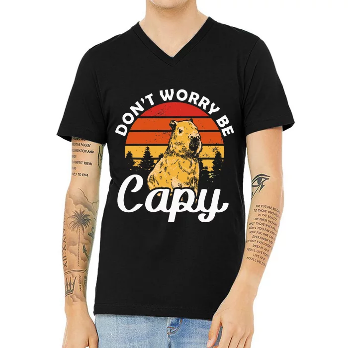 Sunset Dont Worry Be Capy Cute Capybara V-Neck T-Shirt