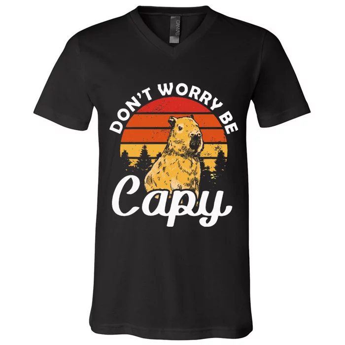 Sunset Dont Worry Be Capy Cute Capybara V-Neck T-Shirt