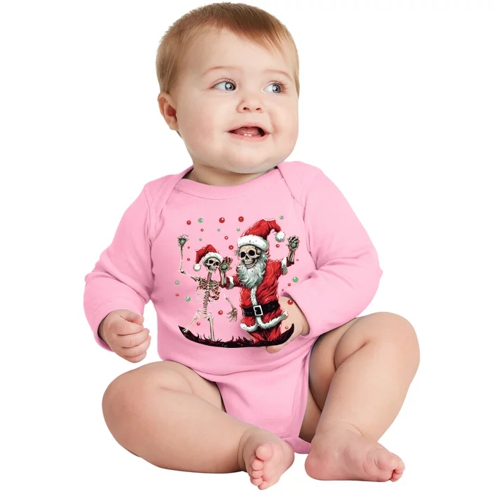 Skeleton Dancing With Santa Claus Christmas Tree Xmas Lights Gift Baby Long Sleeve Bodysuit