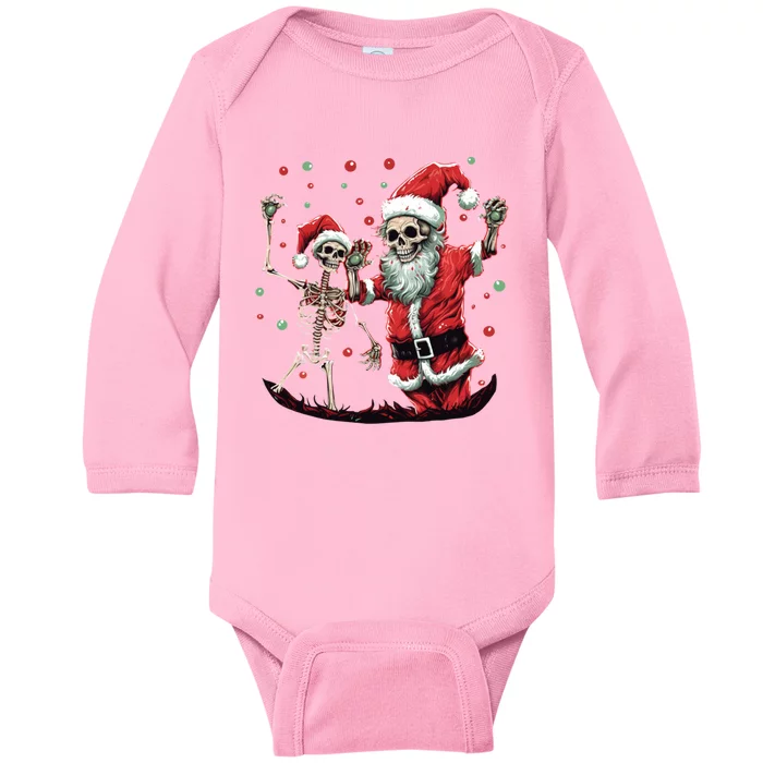 Skeleton Dancing With Santa Claus Christmas Tree Xmas Lights Gift Baby Long Sleeve Bodysuit