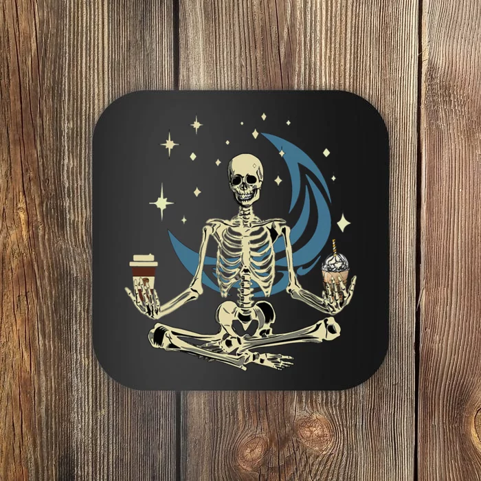 Skeleton Doing Yoga And Drinking Coffee Funny Meditation Coaster