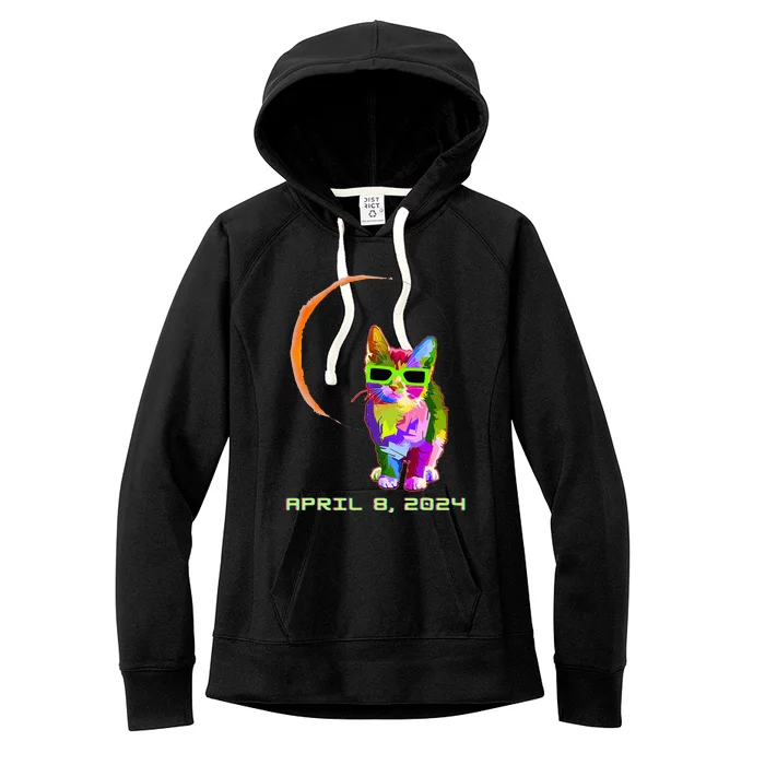 Solar Eclipse 2024 Cat Wearing Solar Eclipse Glasses Women's Fleece Hoodie