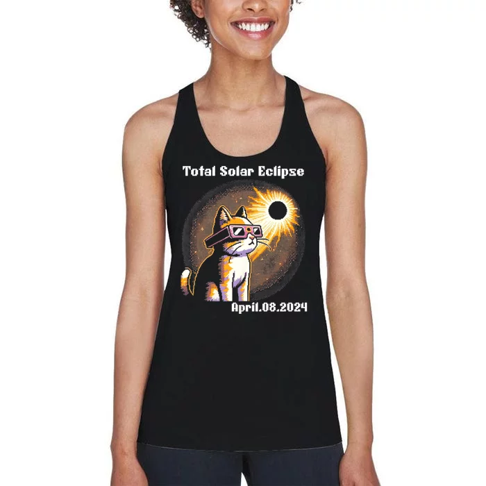 Solar Eclipse 2024 Cat Wearing Solar Eclipse Glasses Women's Racerback Tank