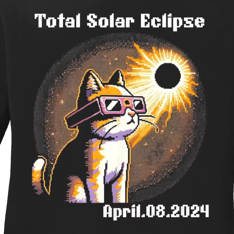 Solar Eclipse 2024 Cat Wearing Solar Eclipse Glasses Ladies Long Sleeve Shirt