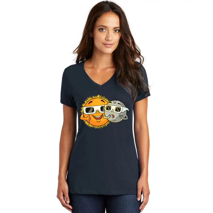 Solar Eclipse 2024 Funny Sun Moon Glasses Science Women's V-Neck T-Shirt